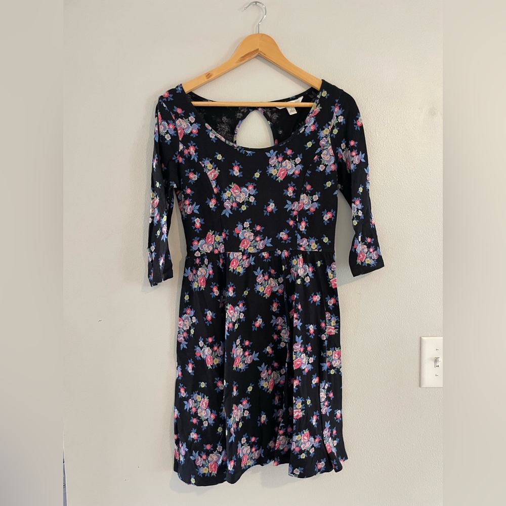 LC Lauren Conrad Black Floral 3/4 Sleeve Mini Skater Dress